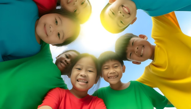 a group of children are all wearing bright colored shirts