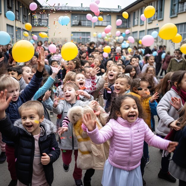 a group of children are having fun with balloons and the word happy on the bottom