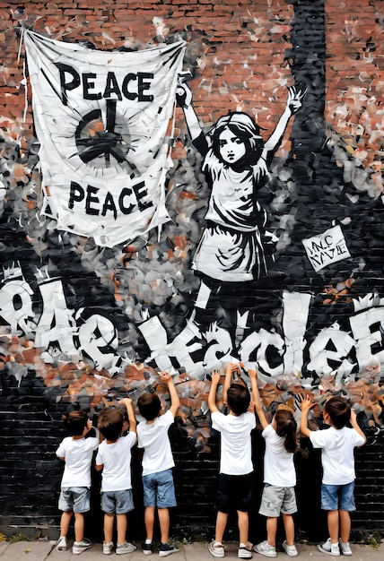 Photo a group of children are holding up a banner that says peace and peace