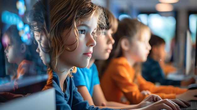 Photo a group of children are looking intently at computer screens in a classroom setting