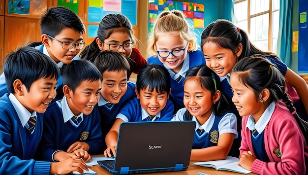 a group of children are looking at a laptop computer