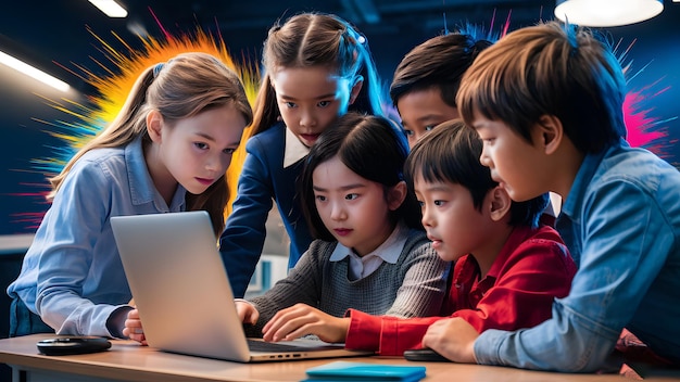 a group of children are looking at a laptop with a picture of a firefox on the screen