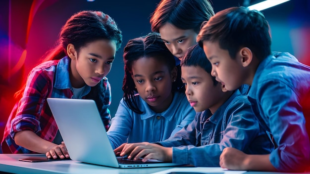 a group of children are looking at a laptop with a white laptop on the screen