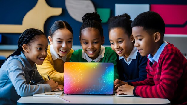 a group of children are looking at a laptop with the word quot five quot on the screen