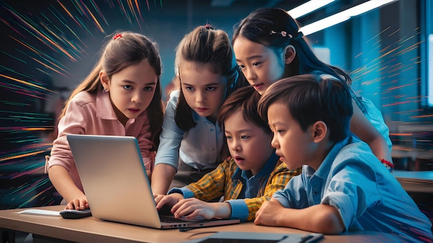 a group of children are looking at a laptop with the word on it