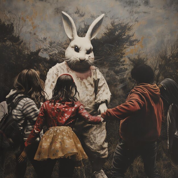 a group of children are looking at a rabbit