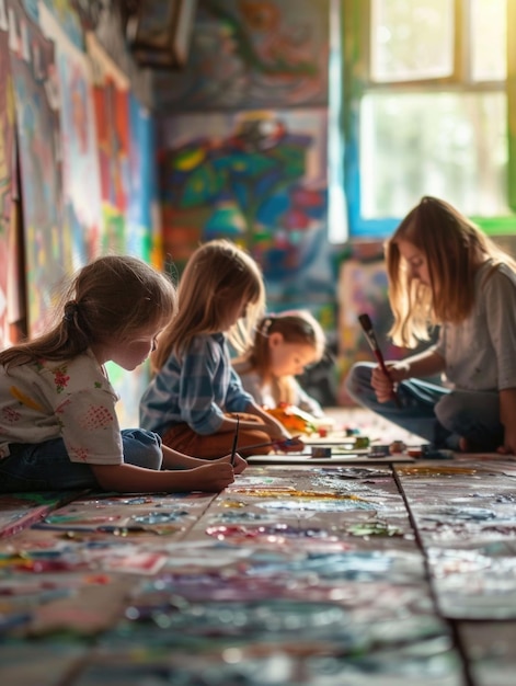 A group of children are painting on the floor in a room with colorful walls