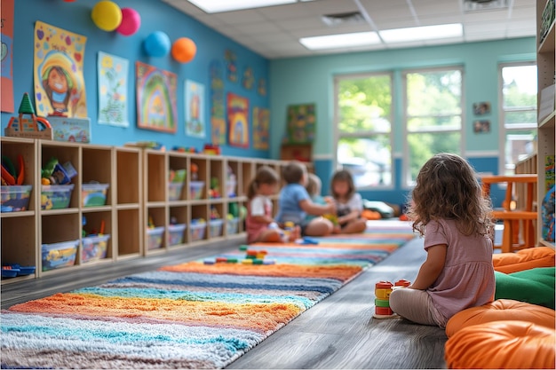 Photo a group of children are playing in a brightly colored room with a lot of toys