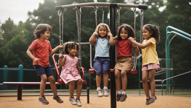 a group of children are playing on a playground with one wearing a pink shirt