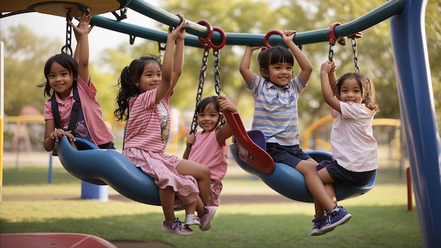 a group of children are playing on a swing with one wearing a pink dress