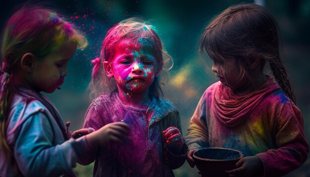 Photo a group of children are playing with colored powder