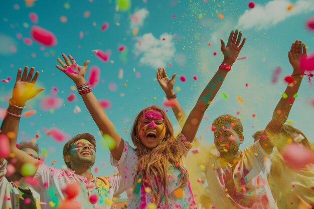 a group of children are playing with confetti and one has the word  on it