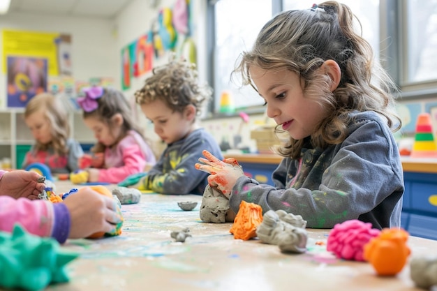 Photo a group of children are playing with sand and clay