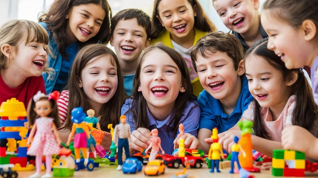 a group of children are playing with toys and one of them has a blue shirt that says  the word  on it