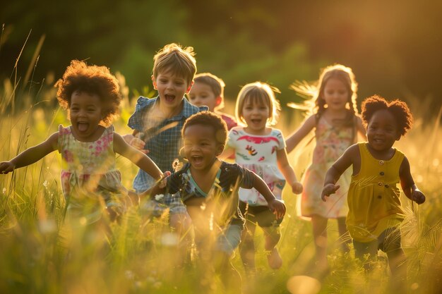 A group of children are running through a field of flowers