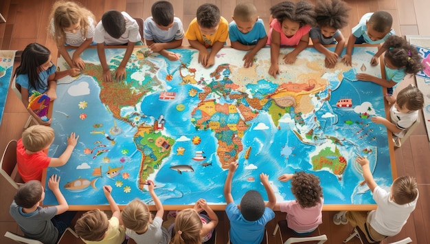 a group of children are sitting around a map of the world