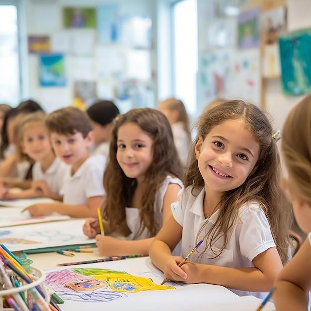 a group of children are sitting at a desk with a picture of a girl in a white shirt