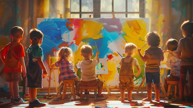 a group of children are sitting in front of a painting that says quot kids quot