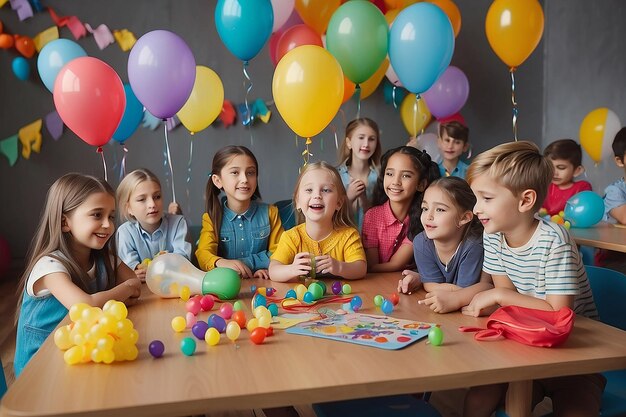 A group of children are sitting at a table with balloons and balloons