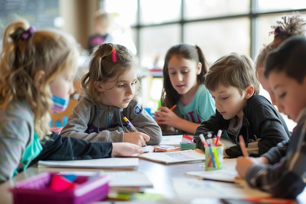 Photo a group of children are sitting at a table with a book titled  children