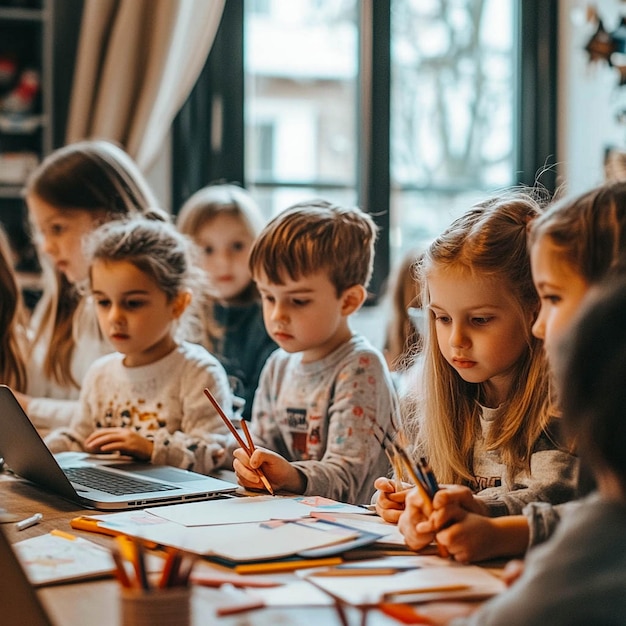 Photo a group of children are sitting at a table with a laptop and a picture of a group of children