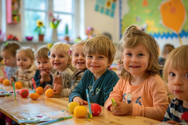 Photo a group of children are sitting at a table with oranges and eggs