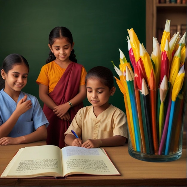 a group of children are sitting at a table with pencils