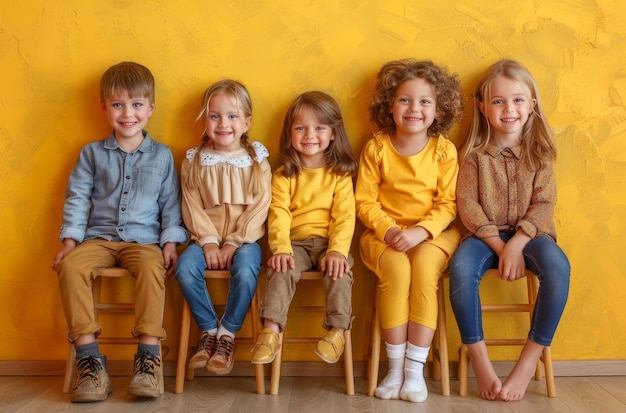 Photo a group of children are sitting on a wooden bench