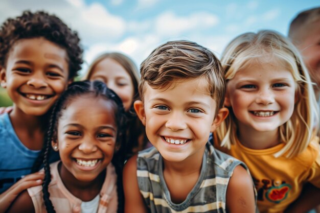 A group of children are smiling for the camera