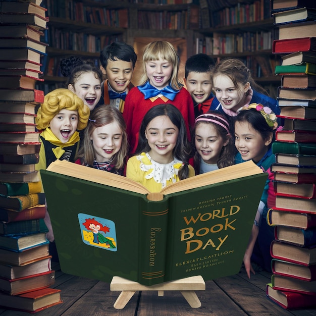 a group of children are standing in front of a book titled world day