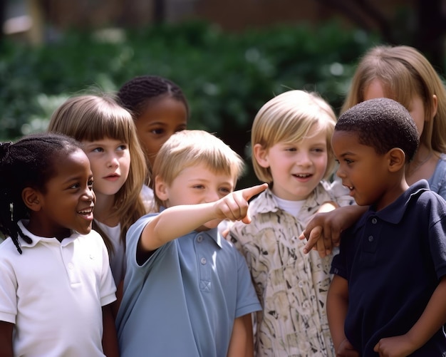 A group of children are standing together and one boy pointing to the right.