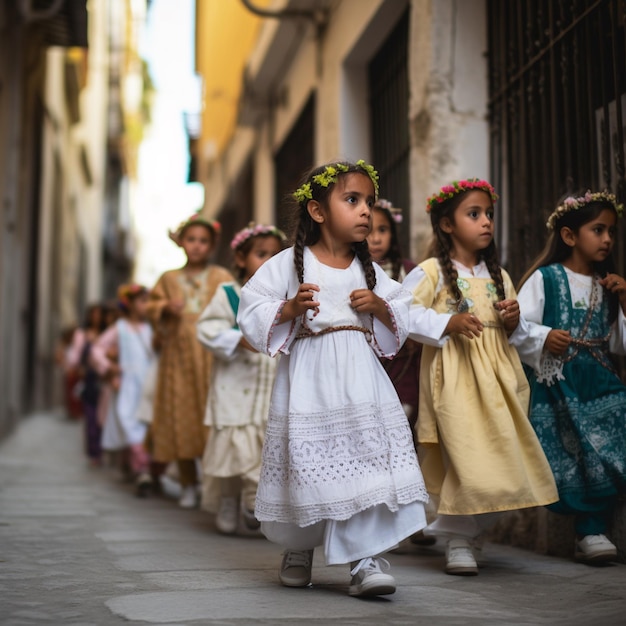 A group of children are walking down a street wearing dresses with flowers on them.