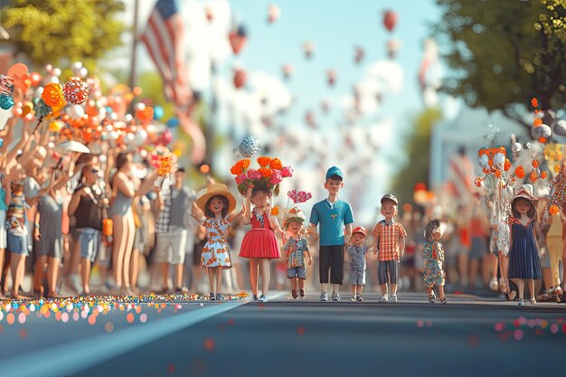 Photo a group of children are walking down a street with a man holding a hat and a toy