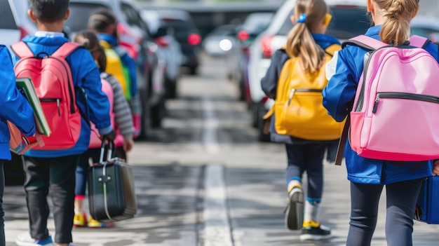 A group of children are walking down a street with their backpacks and suitcases