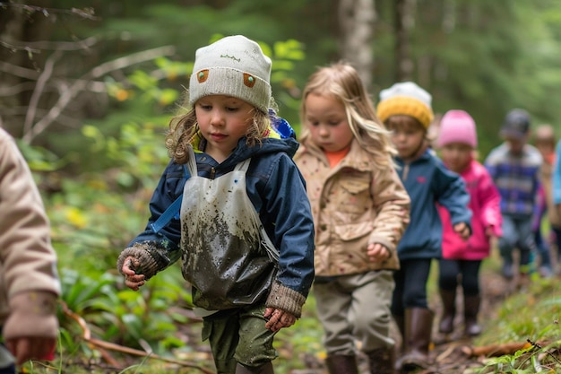 Photo a group of children are walking in the forest with their hats on