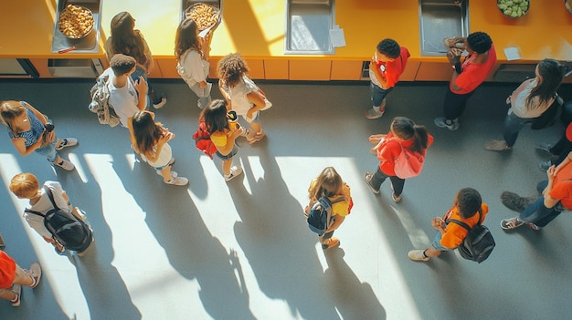 Photo a group of children are walking in a room with a yellow wall behind them