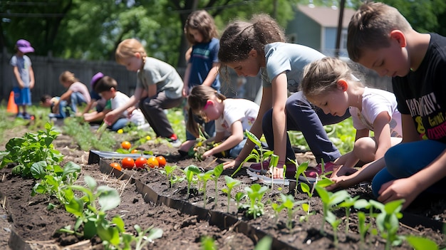 a group of children are working in a garden with a bunch of tomatoes