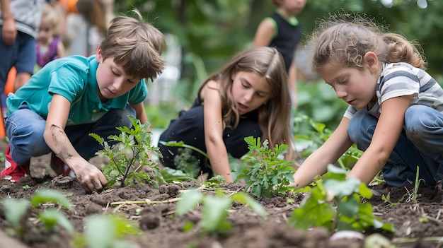 a group of children are working in a garden with plants