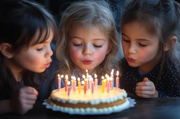 Photo a group of children blowing out birthday candles