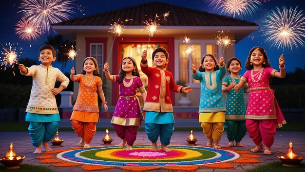 a group of children in colorful clothes are celebrating a festival