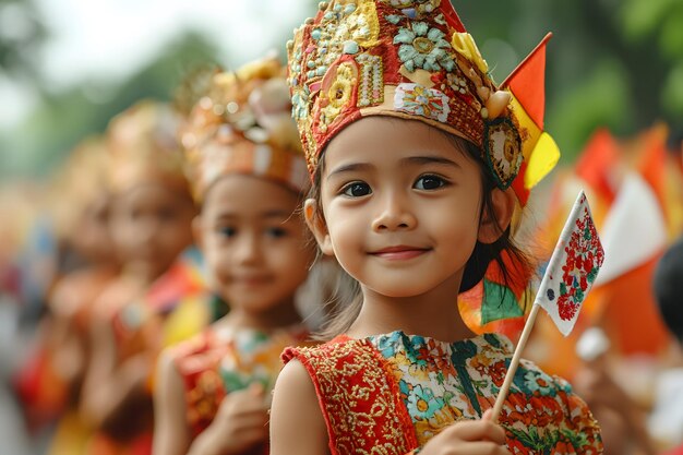 Photo a group of children in colorful costumes holding flags and one of them has a red and yellow flag