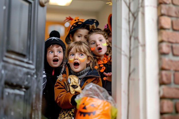 A group of children in costumes excitedly ringing the doorbell for trickortreating halloween