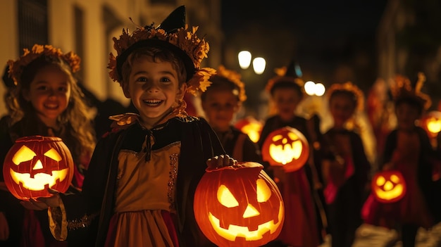 A group of children in cultural costumes celebrate Halloween with traditional music and dancing on a darkened street illuminated by jackolanterns