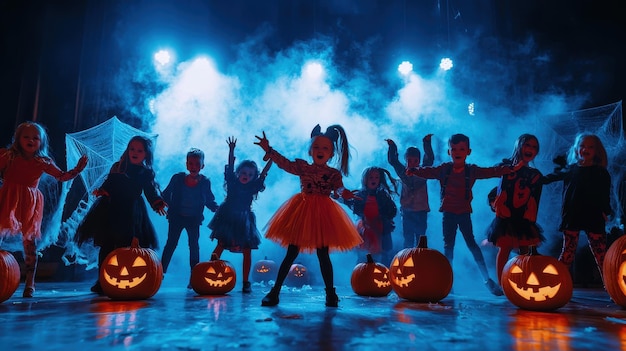 A group of children dressed as classic Halloween characters perform a spooky dance routine on a stage surrounded by pumpkins and cobwebs