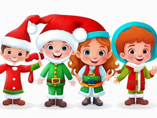 a group of children dressed in christmas costumes with santa hats and a santa hat