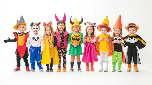 Photo a group of children dressed in colorful halloween costumes radiating joy and excitement