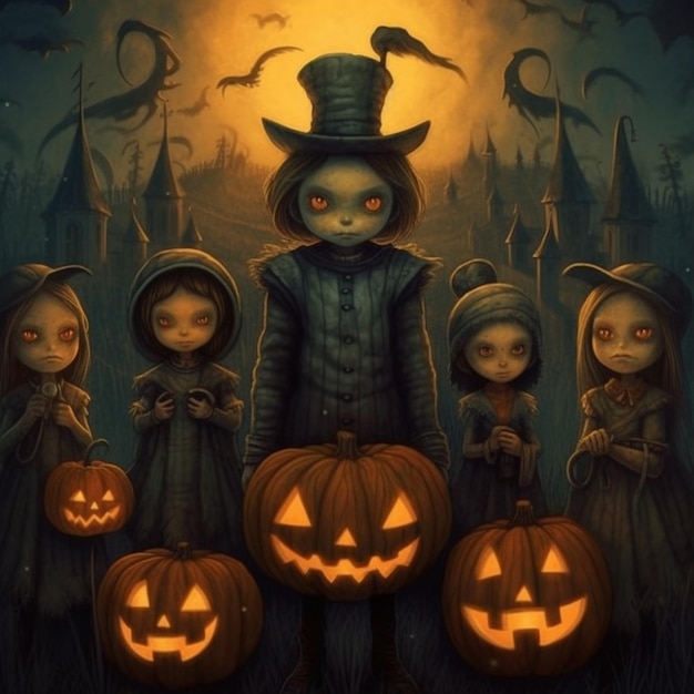 a group of children dressed in costumes standing in front of pumpkins generative ai