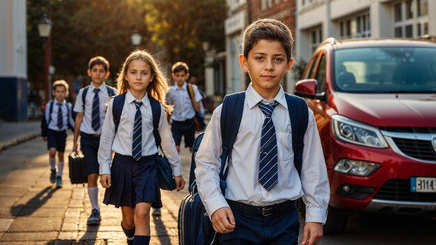 A group of children dressed in school uniforms entering a school