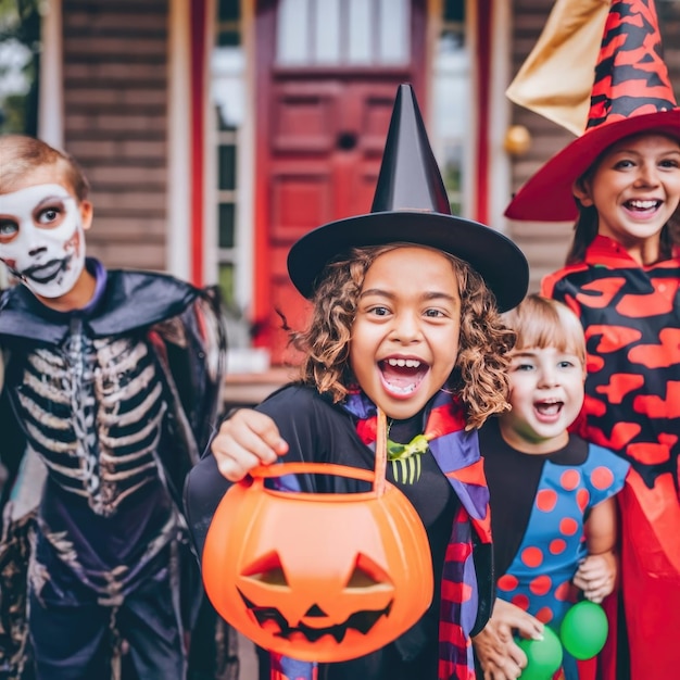 A group of children dressed up in Halloween costumes trickortreating