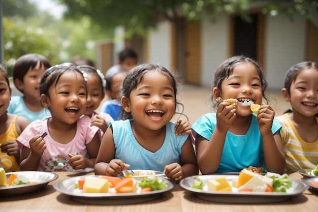 a group of children eating food at a table with plates of food